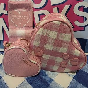 Bath & Body Works Pink & White Gingham Bundle-Heart Bag, Coin Purse & Socks